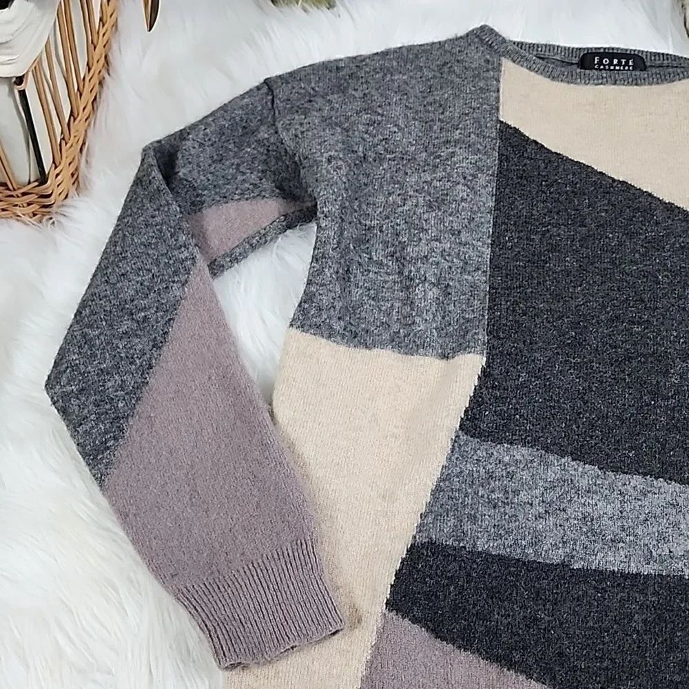 100% Cashmere FORTE Colorblock Sweater Buttery Soft Color Block - Picture 5 of 8